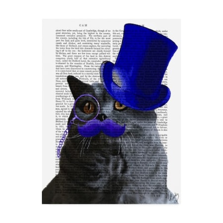 Fab Funky 'Grey Cat With Blue Top Hat And Blue Moustache' Canvas Art,24x32